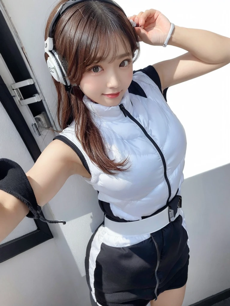 An innocent 20-year-old girl、((White tank top, Dramatic Pose)),smile,BREAK (Spacecraft control room background):2,、BREAK RAW Photos, (8k、highest quality、masterpiece:1.2)、(Intricate details:1.4)、(Photorealistic:1.4)、Octane Rendering、Complex 3D rendering with ultra-detail, Studio Soft Light, Rim Light, Vivid details, Super Detail, Realistic skin texture, Detailed aspect, Beautiful details in the eyes, Highly detailed CG Unity 16k wallpaper, compensate, (Detailed Background:1.2), Glowing Skin, whole body、(astrovest):2,(black long sleeves):5,headphone,smartwatch,((Standing with hands behind back、Leaning forward、Angle from above))