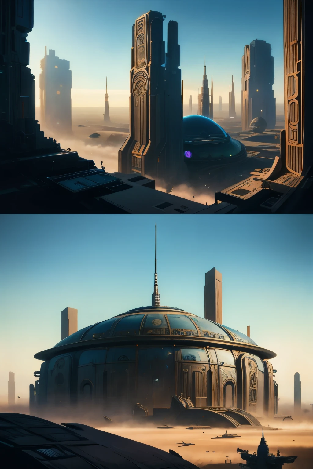 there is a painting of a futuristic city with a giant robot head, jodorowsky's dune, insanely detailed matte painting, peter gric and dan mumford, intricate matte painting, jodorowsky's dune movie, style of john harris, jean giraud 8 k, hyperdetailed matte painting, intricate environments, stunning sci-fi concept art, cgsociety )