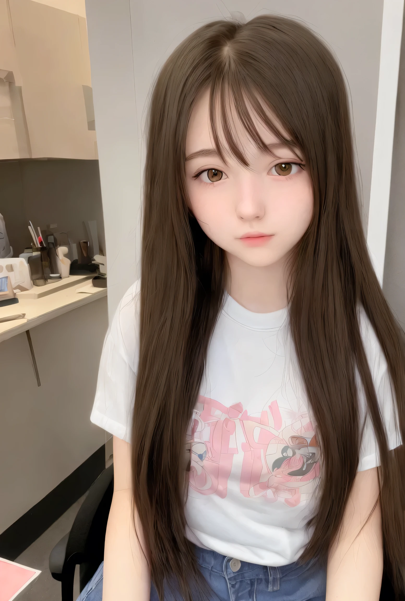 18-year-old female, semi-long hair, cute idol-like face