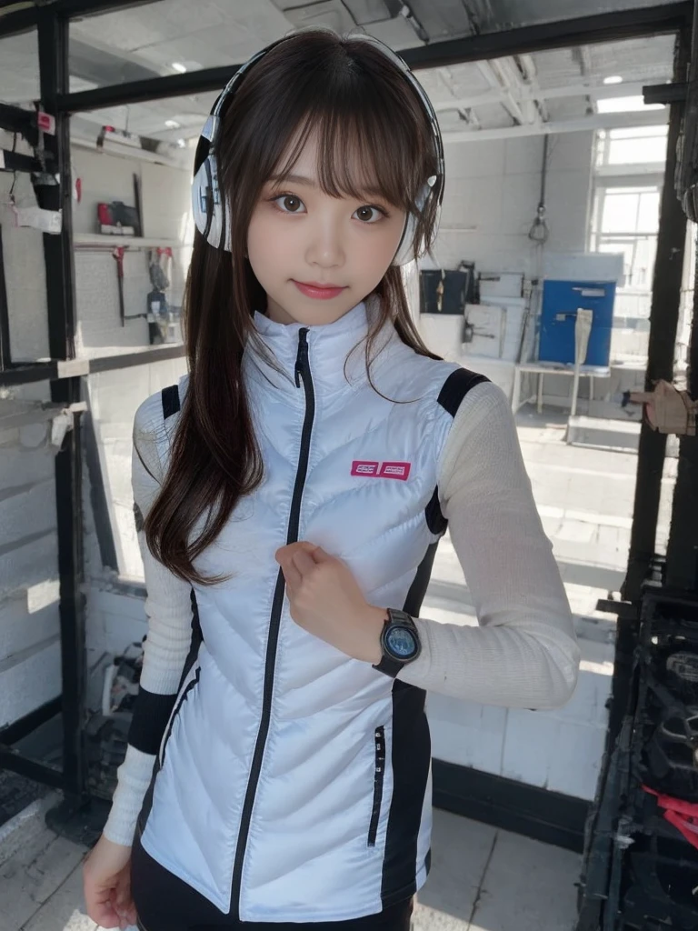 masterpiece, highest quality, Very detailed, 8K Portrait,japanese android girl,Plump , Control panel,Robotic arms and legs, Blunt bangs,,BREAK (metallic gray, metallic luster, mirror finish, astrovest):5,headphone:5,BREAK (black sleeves):100,smartwatch,futuristic space station,control room,BREAK headphone,blue eyes,(black hair):2,(long hair):1.3,look at viewer,(Respirator),BREAK blush:3,hidden hands,smile