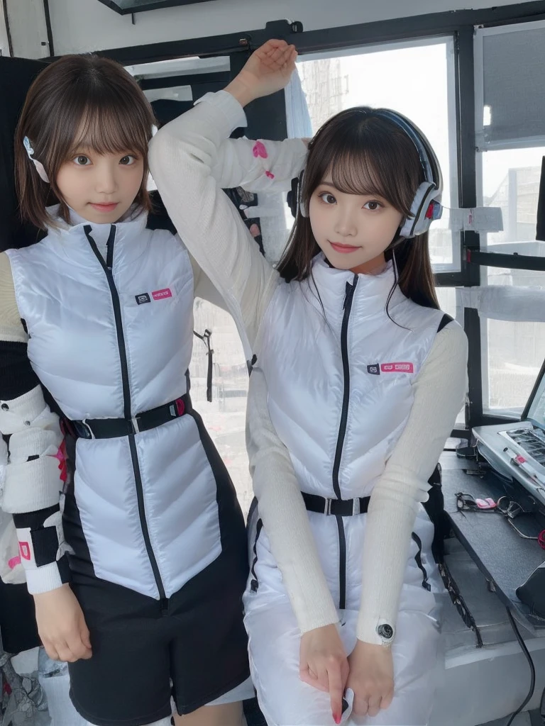 masterpiece, highest quality, Very detailed, 8K Portrait,japanese android girl,Plump , Control panel,Robotic arms and legs, Blunt bangs,,BREAK (metallic gray, metallic luster, mirror finish, astrovest):5,headphone:5,BREAK (black sleeves):100,smartwatch,futuristic space station,control room,BREAK headphone,blue eyes,(black hair):2,(long hair):1.3,look at viewer,(Respirator),BREAK blush:3,hidden hands,smile