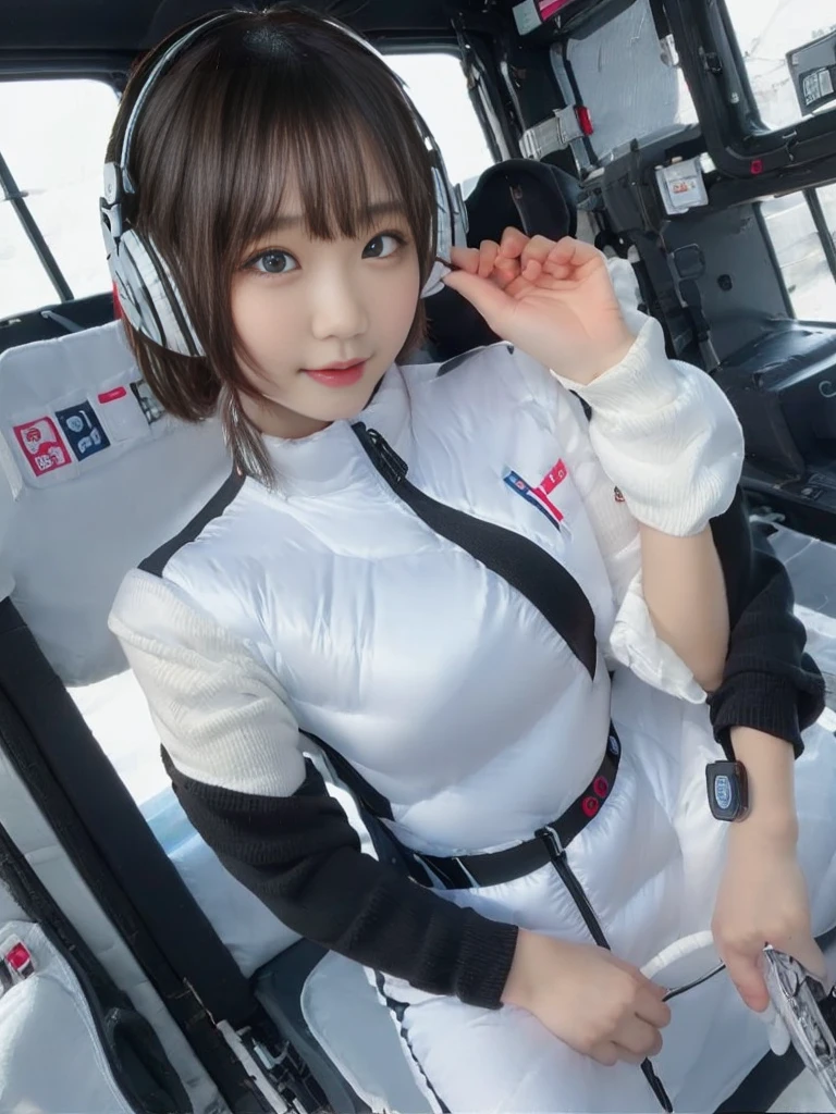masterpiece, highest quality, Very detailed, 8K Portrait,japanese android girl,Plump , Control panel,Robotic arms and legs, Blunt bangs,,BREAK (metallic gray, metallic luster, mirror finish, astrovest):5,headphone:5,BREAK (black sleeves):100,smartwatch,futuristic space station,control room,BREAK headphone,blue eyes,(black hair):2,(long hair):1.3,look at viewer,(Respirator),BREAK blush:3,hidden hands,smile