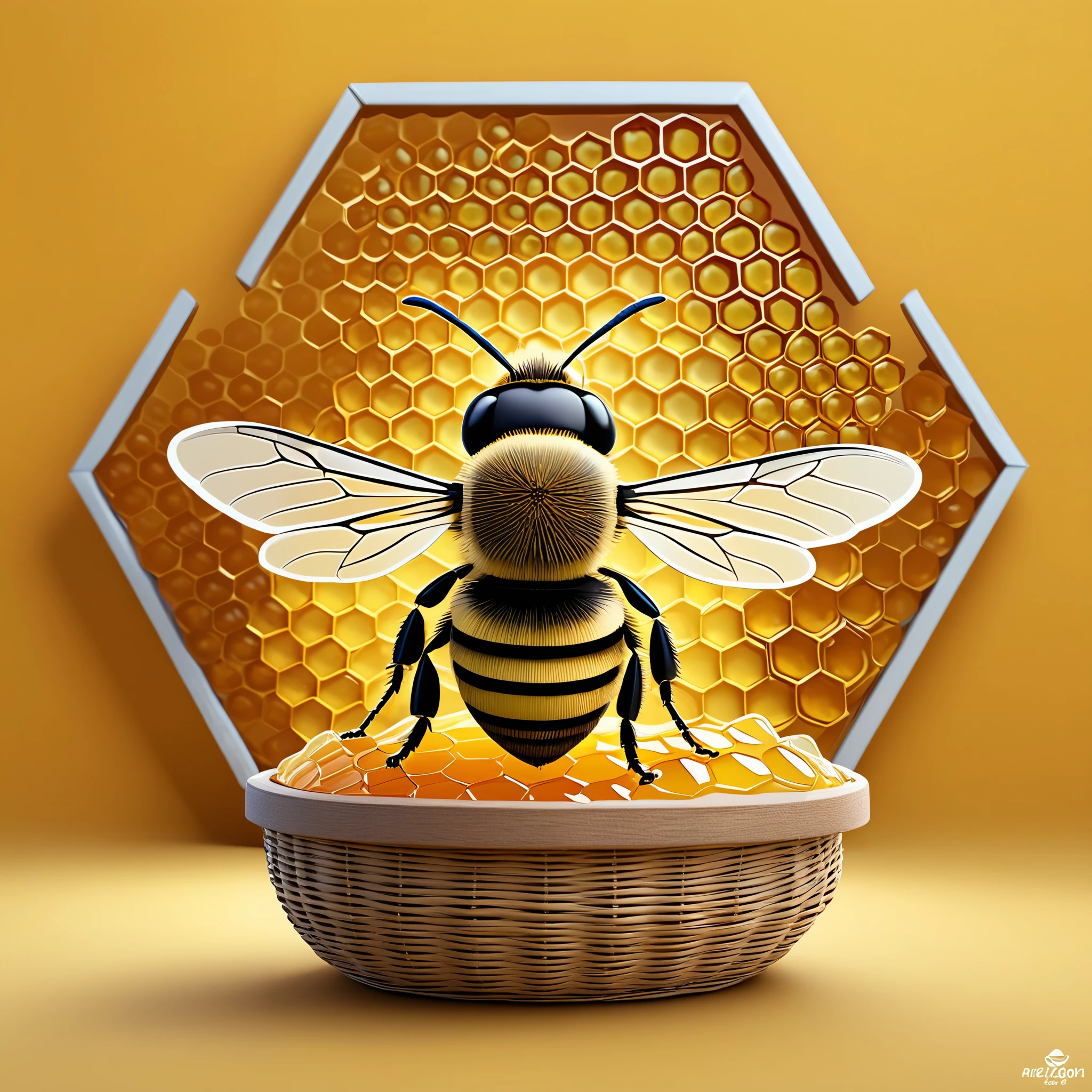 hiperrealistic stily pixar. Artwork image of a bee with a basket of honey, graphic pixar style bee, with big honeycomb background. miguel angel, logo, logo, logo art, 3d "Aragon" logo, made of bees, by Alexander Obregon, insignia, made of honey, Antgerm, illustrated logo, religion, Argerm, Areuz.