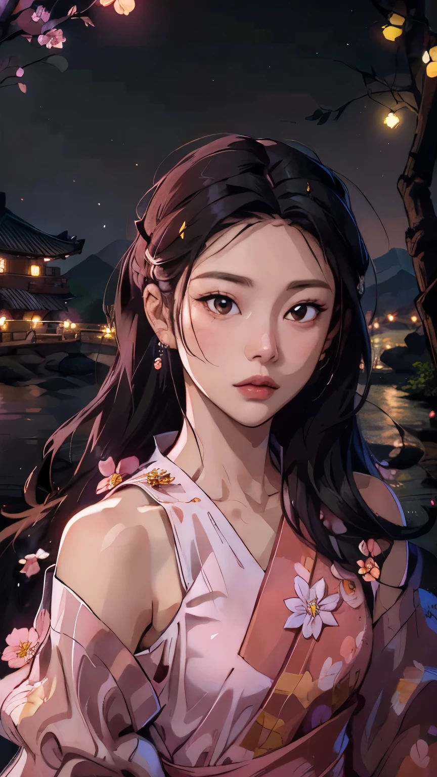 Korean woman age 24, Facing straight, close face, Beautiful picture, good composition, The most beautiful woman in the world, Moonlight reflection river background, Shoulder-showing dress, ((long hair)), mountain hill, ((Off shoulder dress)), river in the middle of the valley, red roses, ((black hair)), ((Small chest)), ((Many fireflies)), firefly night, ((Pink and yellow floating lights)), ((flower behind ear)), glow earrings