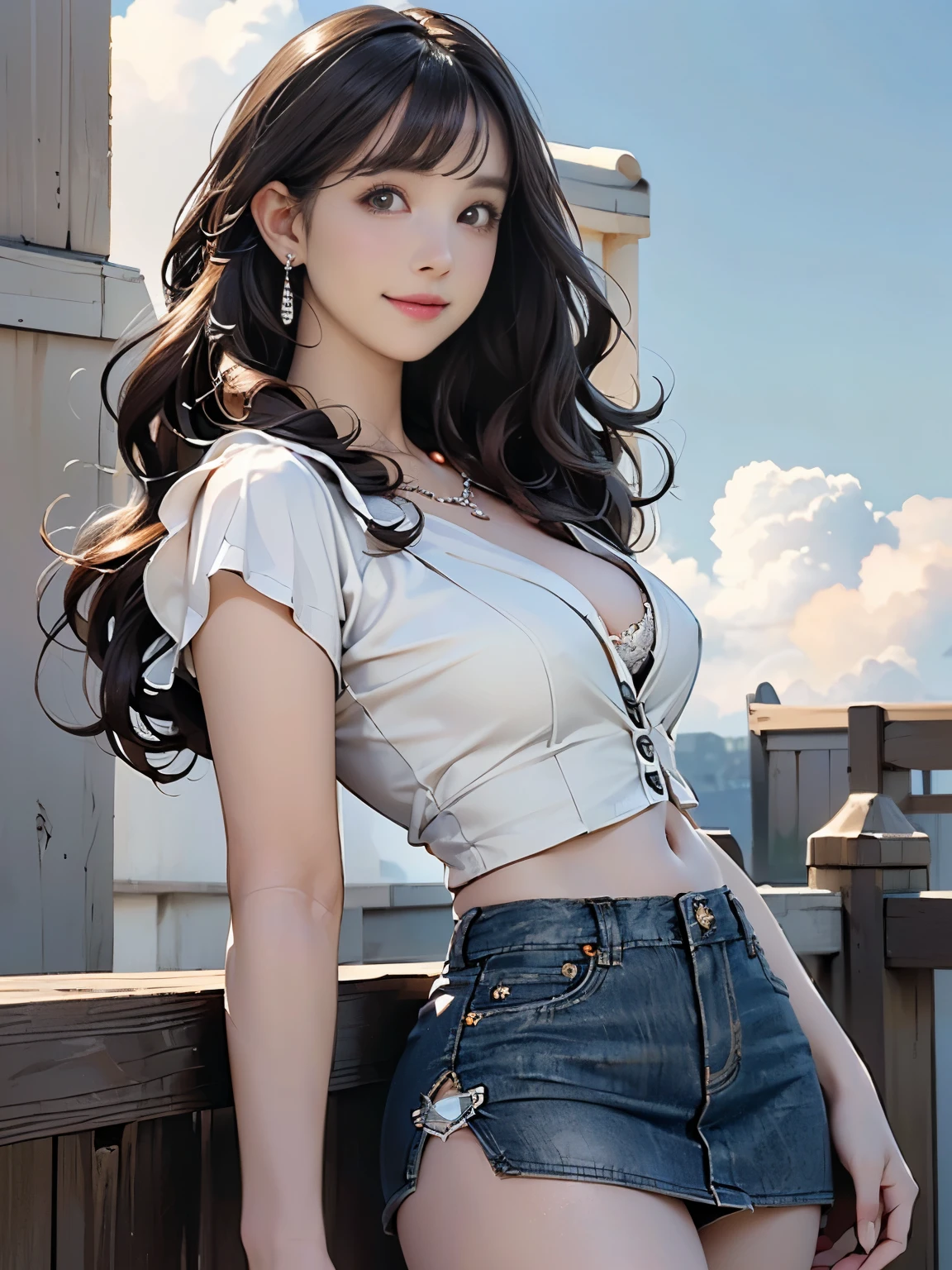 ((((highest quality))))、(((Ultra-precision CG16K wallpaper)))、(((masterpiece)))、(((Super detailed)))、(((Extreme detail)))、((1Mature 29 year old woman:1.6))、((Very beautiful Japanese faces))、((Zuo々Nozomi:1.5))、((Soft wavy medium long hair、blunt bangs:1.5))、(Shiny brown hair)、Beautiful delicate eyes、Brown Eyes、eyeliner、Eyeshadow、High nose、Small nostrils、Small Mouth、Seductive lips、Beautiful breasts、((C cup size breasts))、Cleavage、Beautiful feet、eight-headed body、Perfect proportions、Perfect Anatomy、Perfect composition、Beautiful detailed shading、Beautiful, natural lighting、Beautiful detail glow、Depth of written boundary、(((High chroma)))、(((Real:1.9)))、((vivid:1.5))、((Beautiful Skin))、((Skin Texture))、((Realな皮膚感))、(((Cowboy Shot:1.6)))、((front view、shoot from front、Front low angle:1.6))、(((smile:1.4)))、((The woman is looking at this、looking at viewer、Facing forward:1.6))、Bright daylight、Natural light、(((background_Ranch、null、cloud:1.5)))、(Standing pose:1.6)、(((Cowgirl style、Wearing a miniskirt:1.6)))、((necklace、Wearing earrings:1.3))、