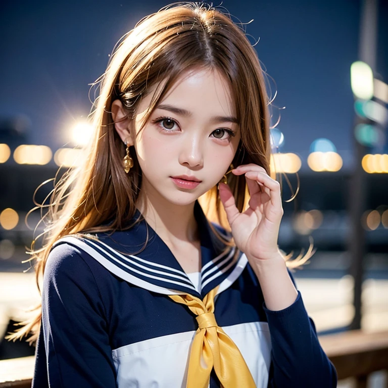(masutepiece, Best Quality:1.2), 8K, Official art, Raw photo, Full Bord Bill Four、Uniform torn、I see underwear、skinny、years、、unbelievable Ridiculous, (Upper body, Uniforms、a sailor suit:1.4), Beautiful Girl, Pretty Face, arching back down,、Gold hair ornament on hair、close up, Sailor Suit, Short sleeve, violaceaess, Teen, Looking at Viewer, Film grain, chromatic abberation, Sharp Focus, face lights, Dynamic lighting, Cinematic lighting, Eyes and faces with detailed, Bokeh background,