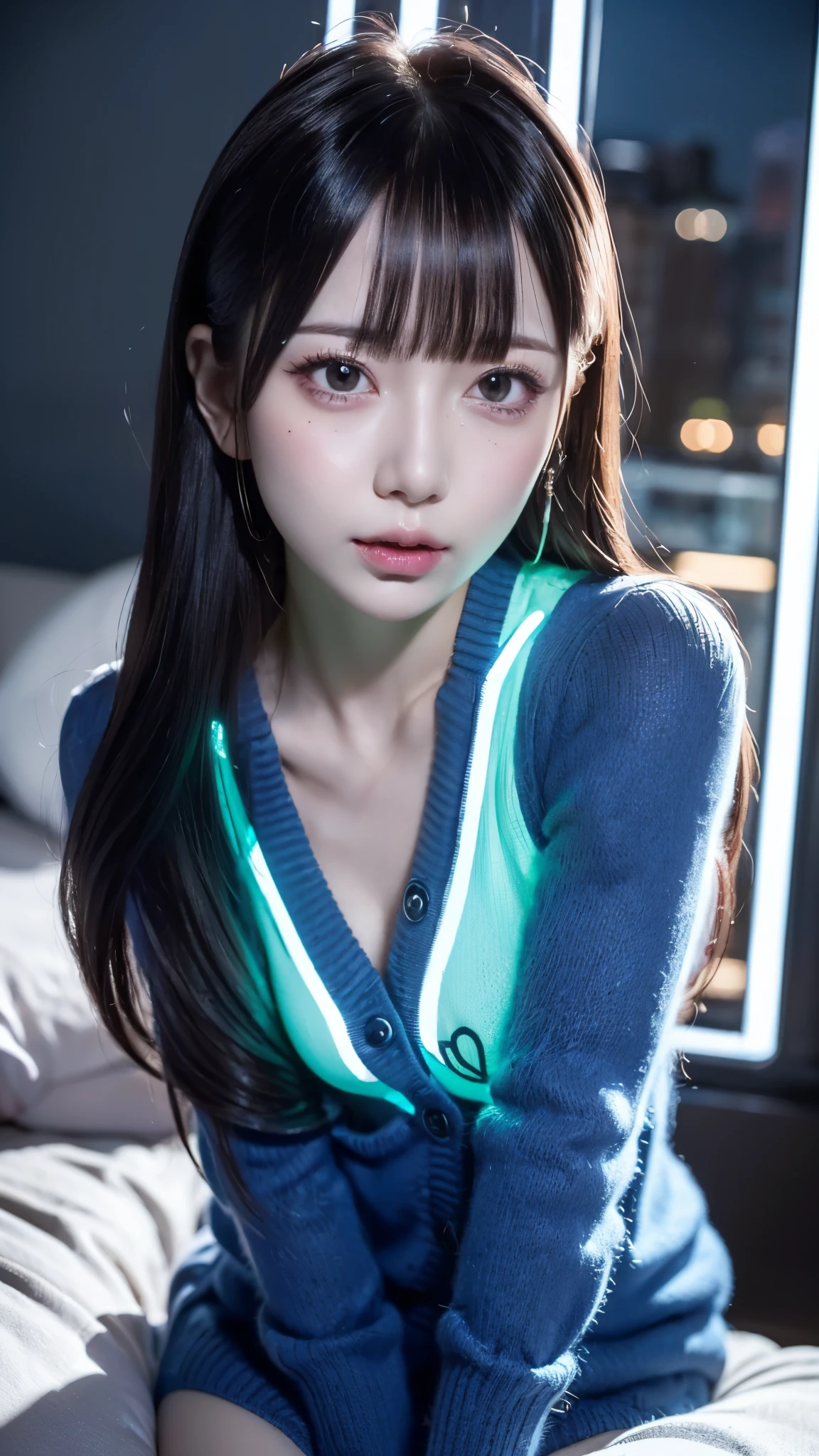 (masterpiece:1.3), High resolution, Super detailed, Highly detailed CG Unity 8k wallpaper, Realistic, photo-Realistic, RAW Photos, Beautifully detailed face, Pale skin, Realistic glistening skin, Detailed cloth texture, Detailed hair texture, Perfect body, Beautiful Face, Accurate, Anatomically correct, Highly detailed face and skin texture, Natural neck length, (Beautiful Hands), (Fair skin:1.2), Sweaty skin:1.2, Thin legs, Thin legs, Sexy thighs, Sweaty skin:1.1,
break,
Fine grain, Symmetrical eyes, Light brown eyes, double eyelid, Thin eyebrows, (Glossy lips:1.4), ((Squint your eyes、Open your mouth wide、Blowjob gestures:1.2)), (blush:1.2),
break,
(Very cute girl:1.3), (Neon-lit bedroom:1.2), (Wear a long knit cardigan:1.2),
(Mega Big Tits:1.1), (Hard chest, Shapely breasts, Slim figure:1.2),
(Dark longhair:1.2), ((Asymmetrical bangs:1.2)), (Upper body long shot:1.2), (View Viewer:1.2),
break,
((Standing in a cute pose with her arms folded:1.2)), (Love hotel room at night:1.2),
break,
((Blue Neon Light:1.3)),