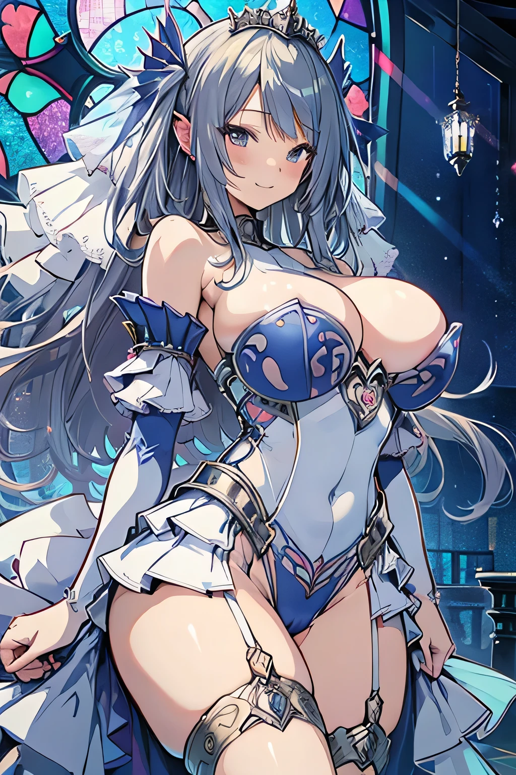 Erotic Anime Illustration、Anime Style、highest quality、Voluptuous Bride、Perfect proportions、smile、Chapel、Stained glass、Wedding dress、Sex Appeal、Very large breasts、Fatty legs、Erect nipples、Exposed nipples、Exposing Vagina、Showing off her vagina、Completely naked、Big Ass