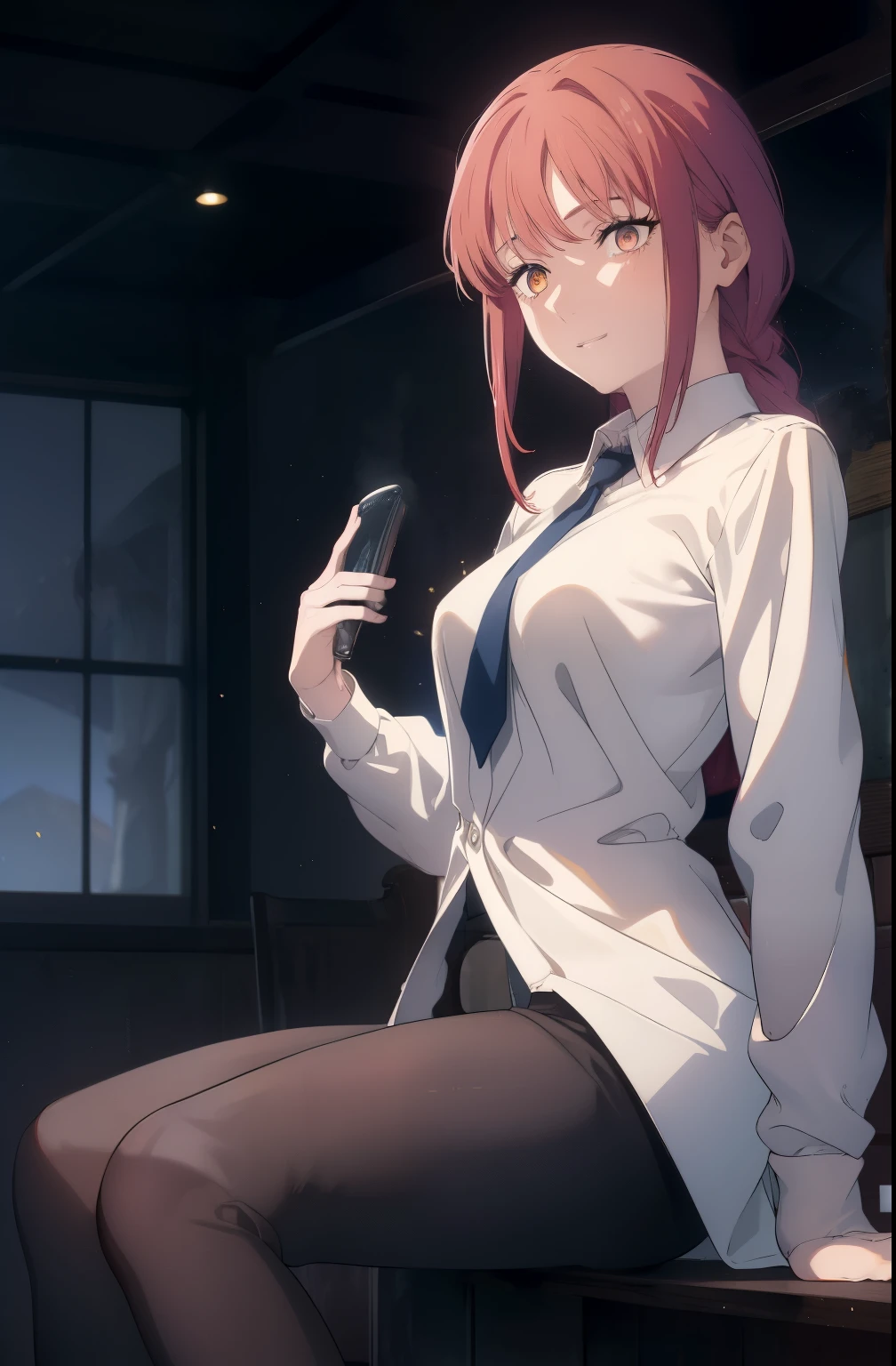 ((((Obra maestra, La mejor calidad, ultrahigh resolution)))), perfect anatomy, a woman with bred hair sitting on a window ledge naked and bent over, 1girl, solo, makima (chainsaw man), breasts, pantyhose, shirt, looking at viewer, red hair, sitting, open clothes, collared shirt, open shirt, smile, braided ponytail, stoic look, ringed eyes, yellow eyes