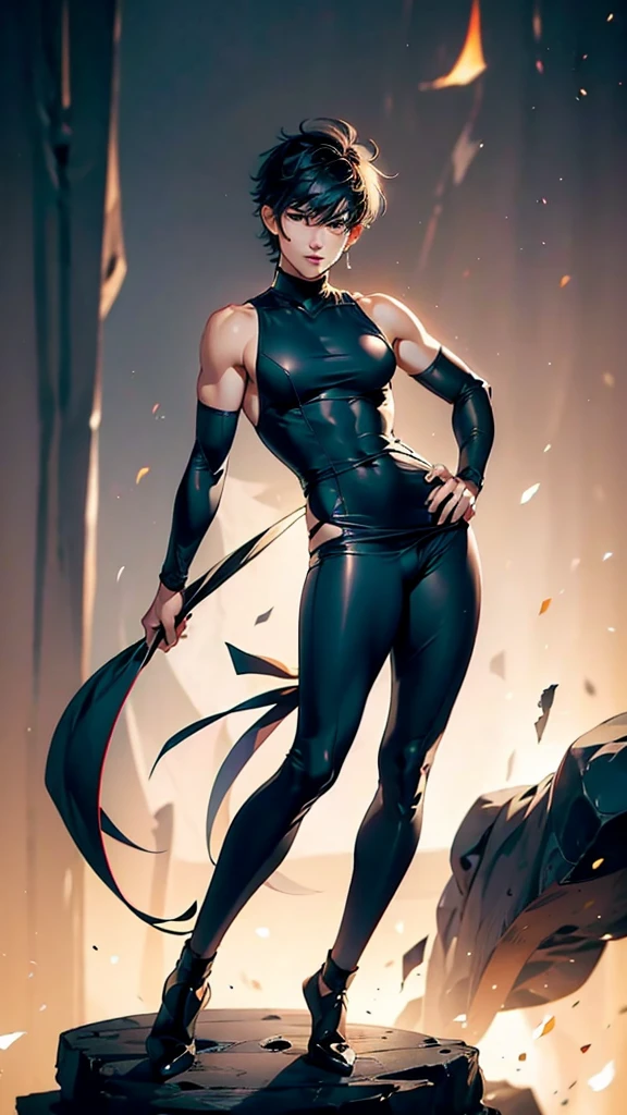 A boy having long legs, thick thighs, large hips, thin and narrow weist, big large feminine breasts, very small spikey boyish haircut, wearing sleeveless tight dress and leggings. Man, man 