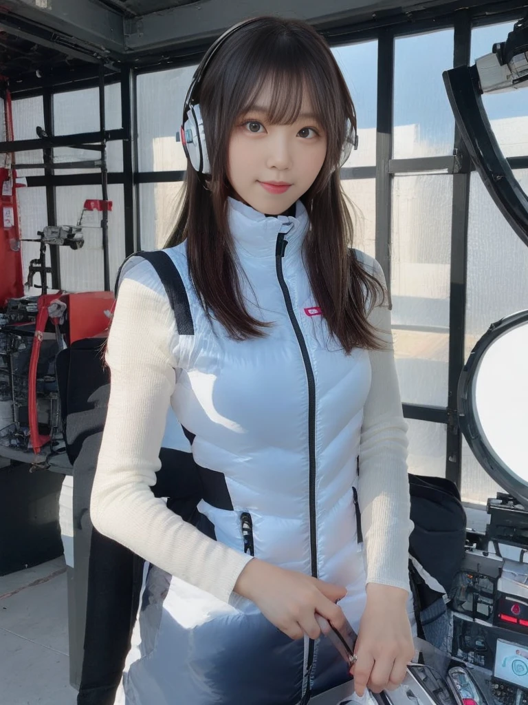 masterpiece, highest quality, Very detailed, 8K Portrait,japanese android girl,Plump , Control panel,Robotic arms and legs, Blunt bangs,,BREAK (metallic gray, metallic luster, mirror finish, astrovest):5,headphone:5,BREAK (black sleeves):100,smartwatch,futuristic space station,control room,BREAK headphone,blue eyes,(black hair):2,(long hair):1.3,look at viewer,(Respirator),BREAK blush:3,hidden hands,smile