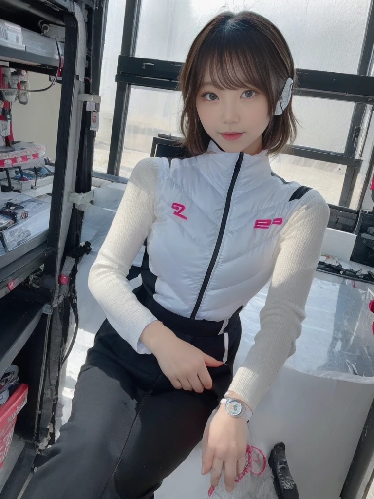 masterpiece, highest quality, Very detailed, 8K Portrait,japanese android girl,Plump , Control panel,Robotic arms and legs, Blunt bangs,,BREAK (metallic gray, metallic luster, mirror finish, astrovest):5,headphone:5,BREAK (black sleeves):100,smartwatch,futuristic space station,control room,BREAK headphone,blue eyes,(black hair):2,(long hair):1.3,look at viewer,(Respirator),BREAK blush:3,hidden hands,smile