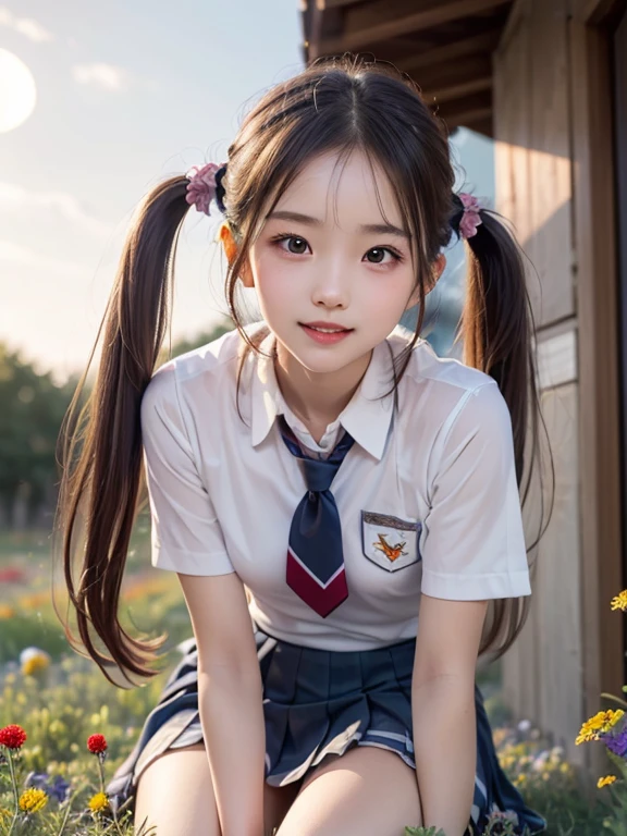 (1ung girls), ((twintails)), brown hair, (highly detailed Beautiful face), Amazing face and eyes, (Best Quality:1.4), (Ultra-detailed), (extremely detailed CG unified 8k wallpaper), Highly detailed, High-definition raw color photos, Professional Photography, Realistic portrait, Amazing face and eyes, Pink eyes, (hi-school uniform, pleated mini skirt:1.3), ((hi-school uniform with open chest)), model, smile shyly, sitting, (((Bokeh))), depth of fields, depth of fields, ((meadow, flower garden)), (lots of wildflowers:1.5), twilight, sunset, (view from below:1.2),