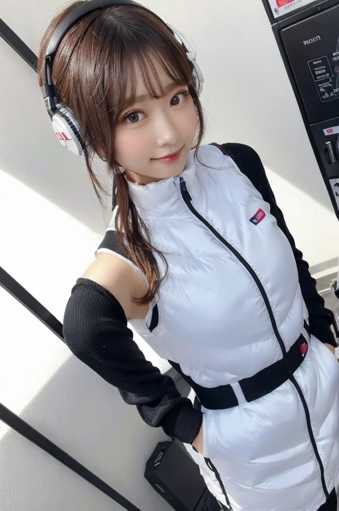 An innocent 20-year-old girl、((White tank top, Dramatic Pose)),smile,BREAK (Spacecraft control room background):2,、BREAK RAW Photos, (8k、highest quality、masterpiece:1.2)、(Intricate details:1.4)、(Photorealistic:1.4)、Octane Rendering、Complex 3D rendering with ultra-detail, Studio Soft Light, Rim Light, Vivid details, Super Detail, Realistic skin texture, Detailed aspect, Beautiful details in the eyes, Highly detailed CG Unity 16k wallpaper, compensate, (Detailed Background:1.2), Glowing Skin, whole body、(astrovest):2,(black long sleeves):5,headphone,smartwatch,((Standing with hands behind back、Leaning forward、Angle from above))