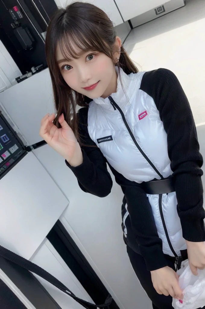 An innocent 20-year-old girl、((White tank top, Dramatic Pose)),smile,BREAK (Spacecraft control room background):2,、BREAK RAW Photos, (8k、highest quality、masterpiece:1.2)、(Intricate details:1.4)、(Photorealistic:1.4)、Octane Rendering、Complex 3D rendering with ultra-detail, Studio Soft Light, Rim Light, Vivid details, Super Detail, Realistic skin texture, Detailed aspect, Beautiful details in the eyes, Highly detailed CG Unity 16k wallpaper, compensate, (Detailed Background:1.2), Glowing Skin, whole body、(astrovest):2,(black long sleeves):5,headphone,smartwatch,((Standing with hands behind back、Leaning forward、Angle from above))