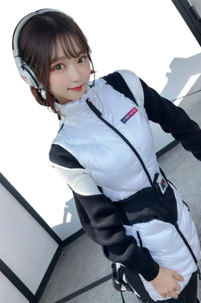 An innocent 20-year-old girl、((White tank top, Dramatic Pose)),smile,BREAK (Spacecraft control room background):2,、BREAK RAW Photos, (8k、highest quality、masterpiece:1.2)、(Intricate details:1.4)、(Photorealistic:1.4)、Octane Rendering、Complex 3D rendering with ultra-detail, Studio Soft Light, Rim Light, Vivid details, Super Detail, Realistic skin texture, Detailed aspect, Beautiful details in the eyes, Highly detailed CG Unity 16k wallpaper, compensate, (Detailed Background:1.2), Glowing Skin, whole body、(astrovest):2,(black long sleeves):5,headphone,smartwatch,((Standing with hands behind back、Leaning forward、Angle from above))