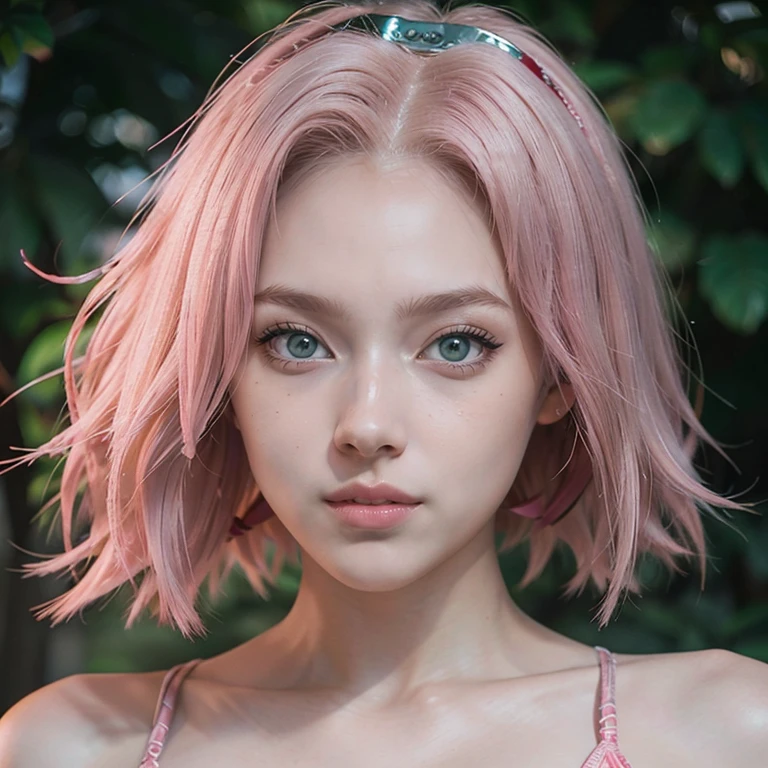 young woman, short shoulder-length pink hair, wide forehead, porcelain skin, pink eyebrows, big emerald green eyes, buttoned nose, full lips, heart-shaped face, slender body, small breasts, red tank top, Sakura Haruno , realistic, realism, details, 3d, well detailed