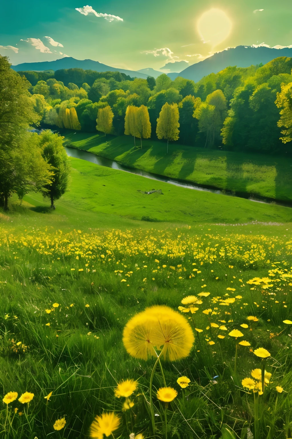 Dandelion spores flying in the sky。Shooting from quite a high angle。Photographed from above the dandelions。The photo shows the entire dandelion spore and the ground.。There is a hill、There are many trees、The river is flowing、I can see the mountains in the distance。There are clouds、Sunny and clear。