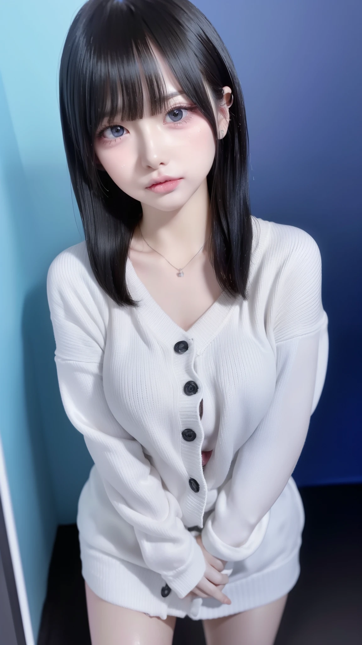 (masterpiece:1.3), High resolution, Very detailed, Very detailed CG Unity 8k wallpaper, Realistic, photo-Realistic, RAW Photos, Beautifully detailed face, Pale skin, Realistic glistening skin, Detailed cloth texture, Detailed hair texture, Perfect body, Beautiful Face, Accurate, Anatomically correct, Highly detailed face and skin texture, Natural neck length, (Beautiful Hands), (Fair skin:1.2), Sweaty skin:1.2, Thin legs, Thin legs, Sexy thighs, Sweaty skin:1.1,
break,
fine grain, Symmetrical eyes, Light brown eyes, double eyelid, Thin eyebrows, (Glossy lips:1.4), ((Squint your eyes、Please open your mouth wide、Blowjob Gestures:1.2)), (blush:1.2),
break,
(Very cute girl:1.3), (Neon-lit bedroom:1.2), (Wear a long knit cardigan:1.2),
(Super big boobs:1.1), (Hard chest, Shapely breasts, Slim figure:1.2),
(Dark longhair:1.2), ((Asymmetrical bangs:1.2)), (Upper body long shot:1.2), (Show Viewer:1.2),
break,
((Standing in a cute pose with her arms folded:1.2)), (Love hotel room at night:1.2),
break,
((Blue Neon Light:1.3)),