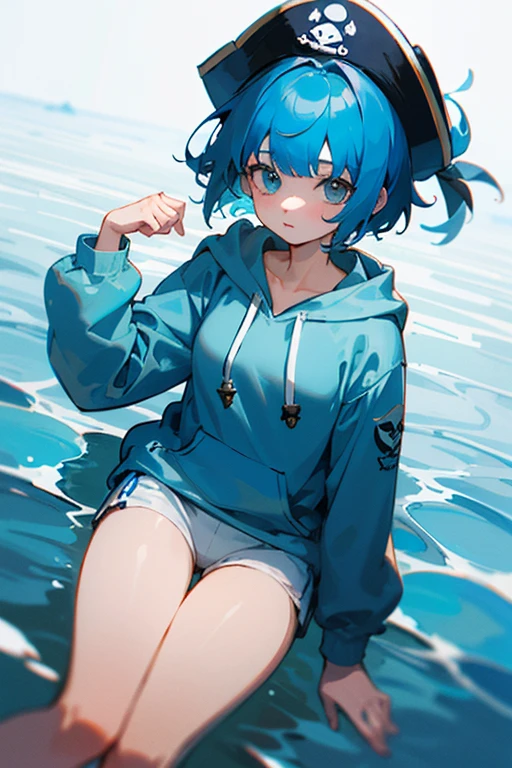 ((highest quality))　((masterpiece))　Perfect Face　Blue Hair　Short Hair　Odd Eye　An illustration　Wearing a light blue hoodie　one person　In the sea　Swimming　neutral　Hair fluttering　Highest quality　middle School girls　Her hair is fluttering　In the water　pirate hat