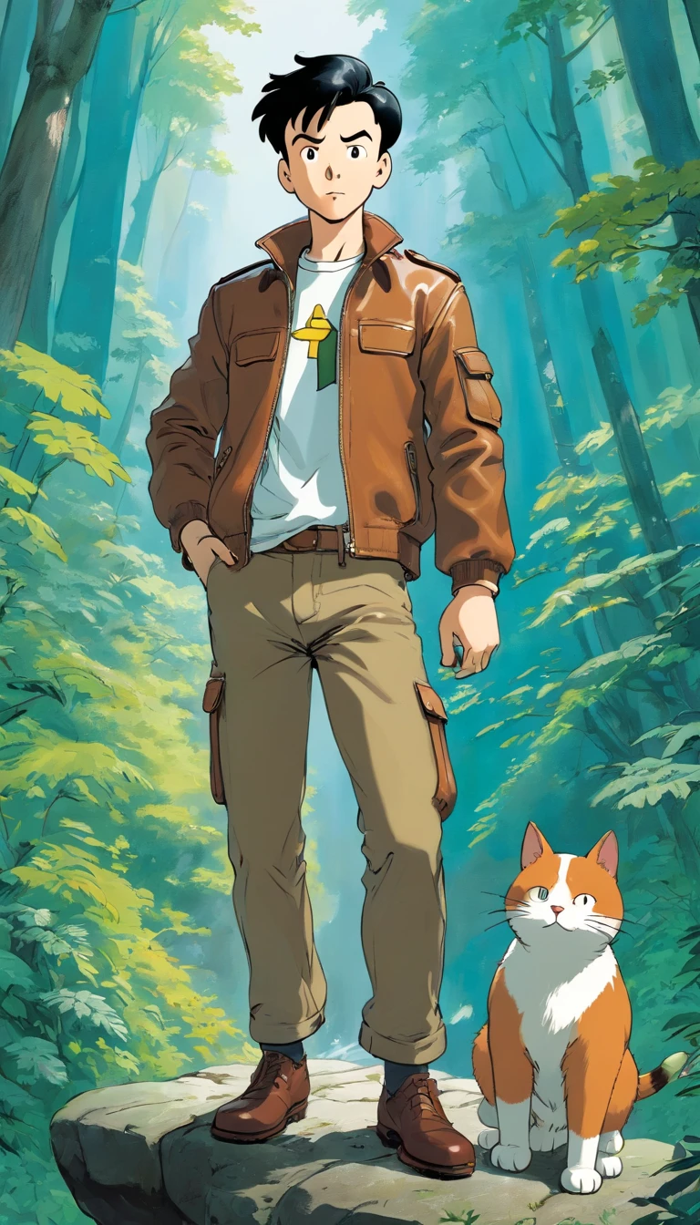Tintin, male wearing dark brown leather jacket, white shirt and brown cargo pants, slick and neat short black hair, herge, european comics, heroic pose, rainforest, with blue eyes white cat