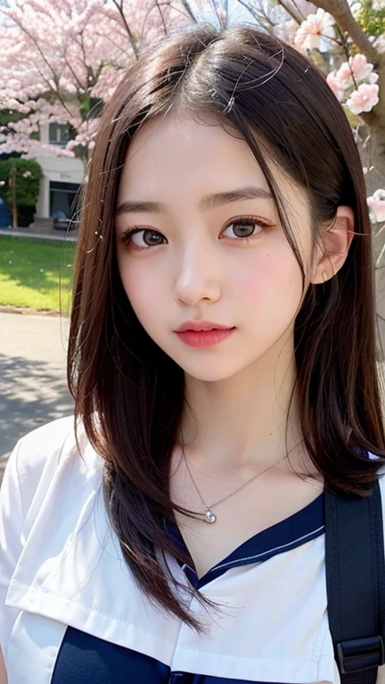 (1young girl), Amazing face and eyes, (amazingly beautiful girl), (Best Quality:1.4), (Ultra-detailed), (extremely detailed CG unified 8k wallpaper), Highly detailed, High-definition raw color photos, Professional Photography, sailor uniform, , School, Spring, cherry blossoms,