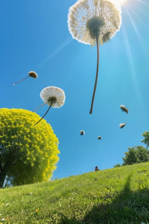 Dandelion spores flying in the sky。Shooting from quite a high angle。Photographed from above dandelion spores。The photo shows the entire dandelion spore and the ground.。There is a hill、There are many trees、The river is flowing、I can see the mountains in the distance。There are clouds、Sunny and clear。