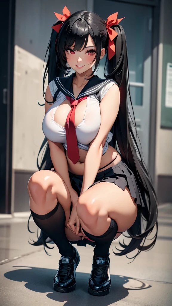 A sexy women, sexy body, curvy body, long straight black hair, twintail hair, red eyes, sexy lips, make up, red colored eyeline, smile, big breasts, sexy hips, sexy expression, anatomically correct, super detail, high quality, highres, 4K, (full body shot), school girl, sailor , garter belts, stockings, sneakers, necktie, squatting