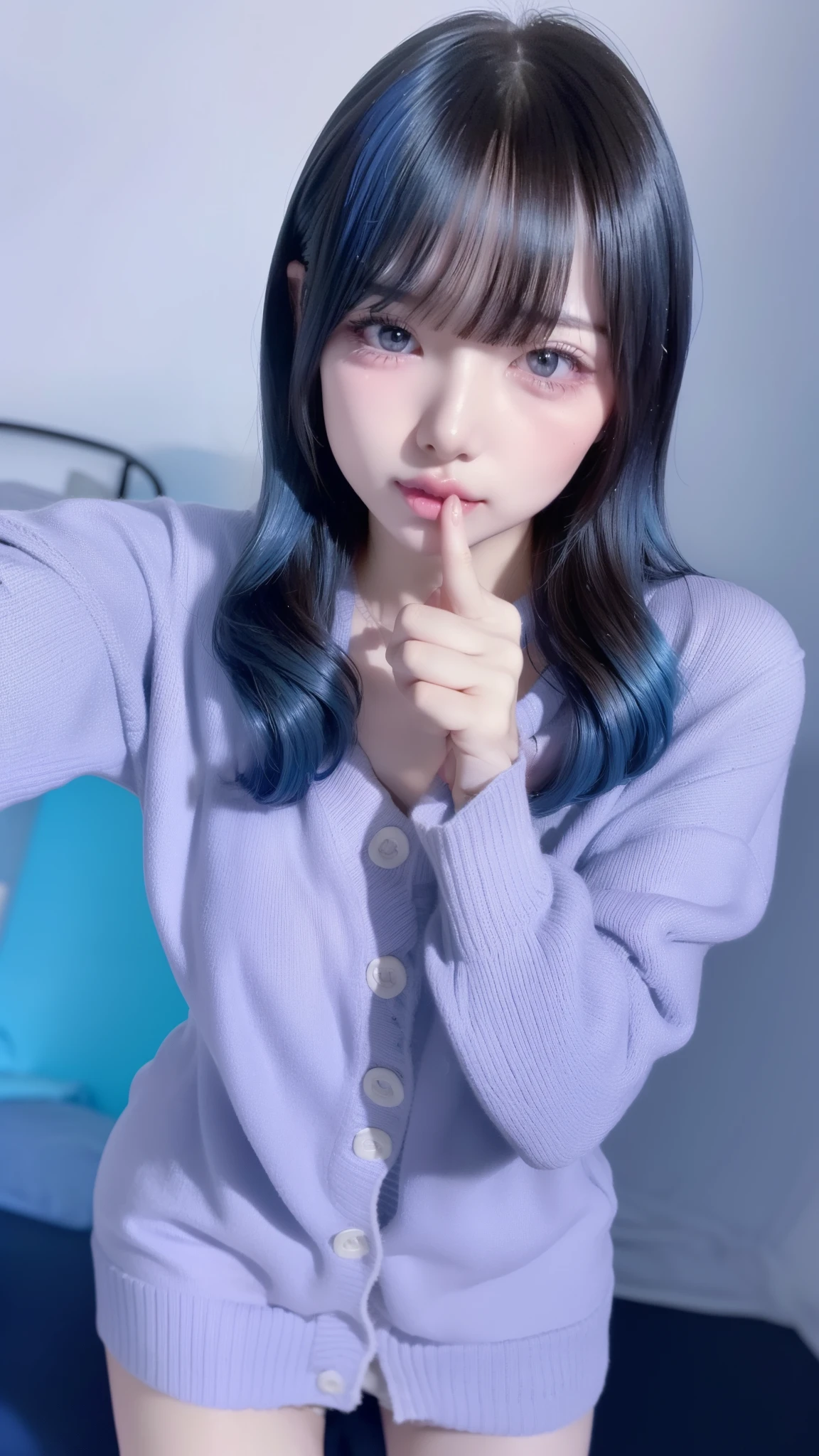 (masterpiece:1.3), High resolution, Very detailed, Very detailed CG Unity 8k wallpaper, Realistic, photo-Realistic, RAW Photos, Beautifully detailed face, Pale skin, Realistic glistening skin, Detailed cloth texture, Detailed hair texture, Perfect body, Beautiful Face, Accurate, Anatomically correct, Highly detailed face and skin texture, Natural neck length, (Beautiful Hands), (Fair skin:1.2), Sweaty skin:1.2, Thin legs, Thin legs, Sexy thighs, Sweaty skin:1.1, 
break, 
fine grain, Symmetrical eyes, Light brown eyes, double eyelid, Thin eyebrows, (Glossy lips:1.4), ((Squint your eyes、Please open your mouth wide、Blowjob Gestures:1.2)), (blush:1.2),
break, 
(Very cute girl:1.3), (Neon-lit bedroom:1.2), (Wear a long knit cardigan:1.2), 
(Super big boobs:1.1), (Hard chest, Shapely breasts, Slim figure:1.2), 
(Dark longhair:1.2), ((Asymmetrical bangs:1.2)), (Upper body long shot:1.2), (Show Viewer:1.2),
break, 
((Standing in a cute pose with her arms folded:1.2)), (Love hotel room at night:1.2), 
break, 
((Blue Neon Light:1.3)),