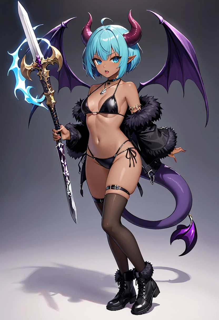 (masutepiece, Best Quality),1girl, tail, wings, demon-girl, horns, solo, demon-tail, thighhighs, pointy-ears, weapon, o-ring, purple-hair, demon-wings, swimsuit, open-mouth, thigh-boots, jewelry, shorts, navel, holding, looking-at-viewer, boots, bracelet, flat-chest, detached-sleeves, o-ring-top, holding-weapon, demon-horns, blue-eyes, short-hair, skull, colored-skin, black-bikini, black-footwear, fang, short-shorts, full-body, black-thighhighs, faux-figurine, bare-shoulders, dark-skin, micro-bikini, blush, bangs, dark-skinned-female, highleg, tail-ornament, holding-sword, two-side-up, fur-trim, knife, bikini-top-only, aqua-eyes bone, black-shorts
