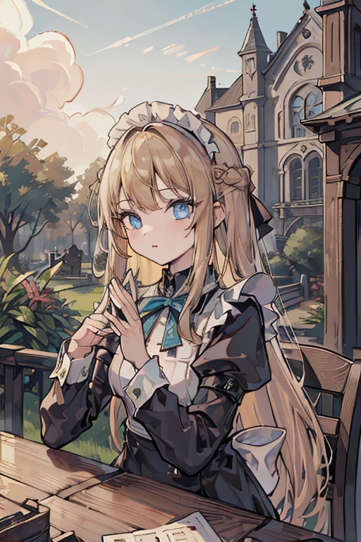 (8k, highest quality, Tabletop:1.2)、Ultra-high resolution, 14-year-old girl, Perfect Fingers, Detailed face, blue eyes, blonde, Straight hair, Long Hair, Black maid outfit,  Western-style building、garden、Rocket Launcher