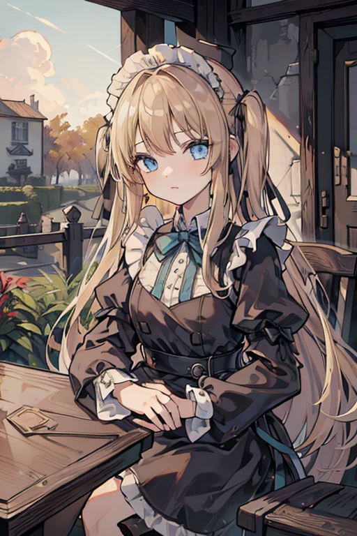 (8k, highest quality, Tabletop:1.2)、Ultra-high resolution, -yeld gi Perfect Fingers, Detailed face, blue eyes, blonde, Straight hair, Long Hair, Black maid outfit,  Western-style building、garden、Rocket Launcher