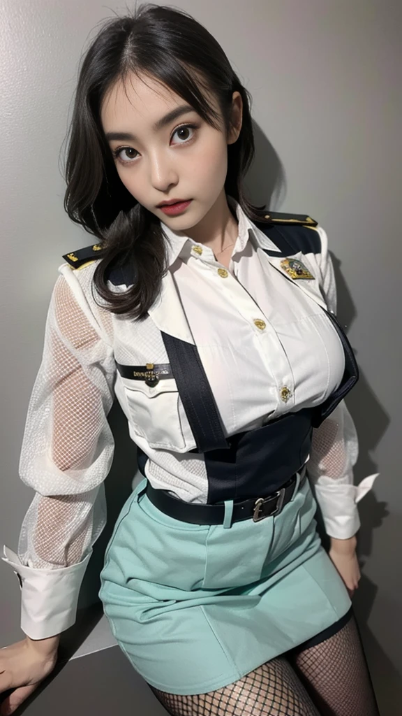 Female body set big breasts, wearing a female police uniform. Black Fishnet Stockings