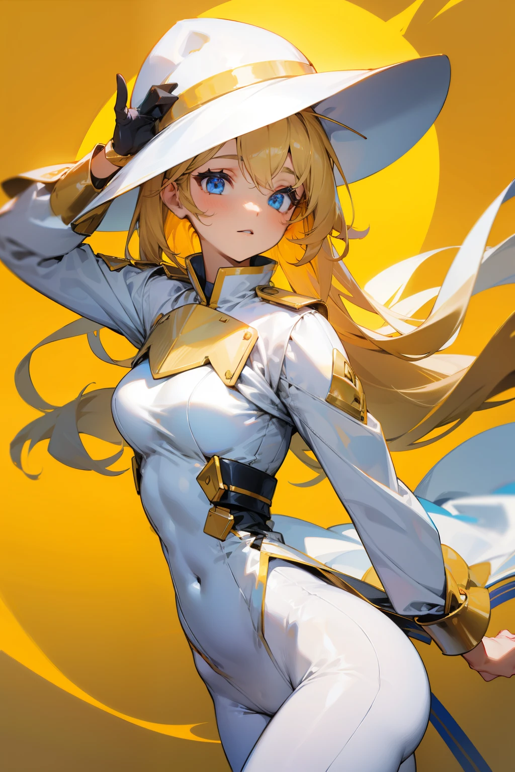Girl, golden hat, tight white clothes