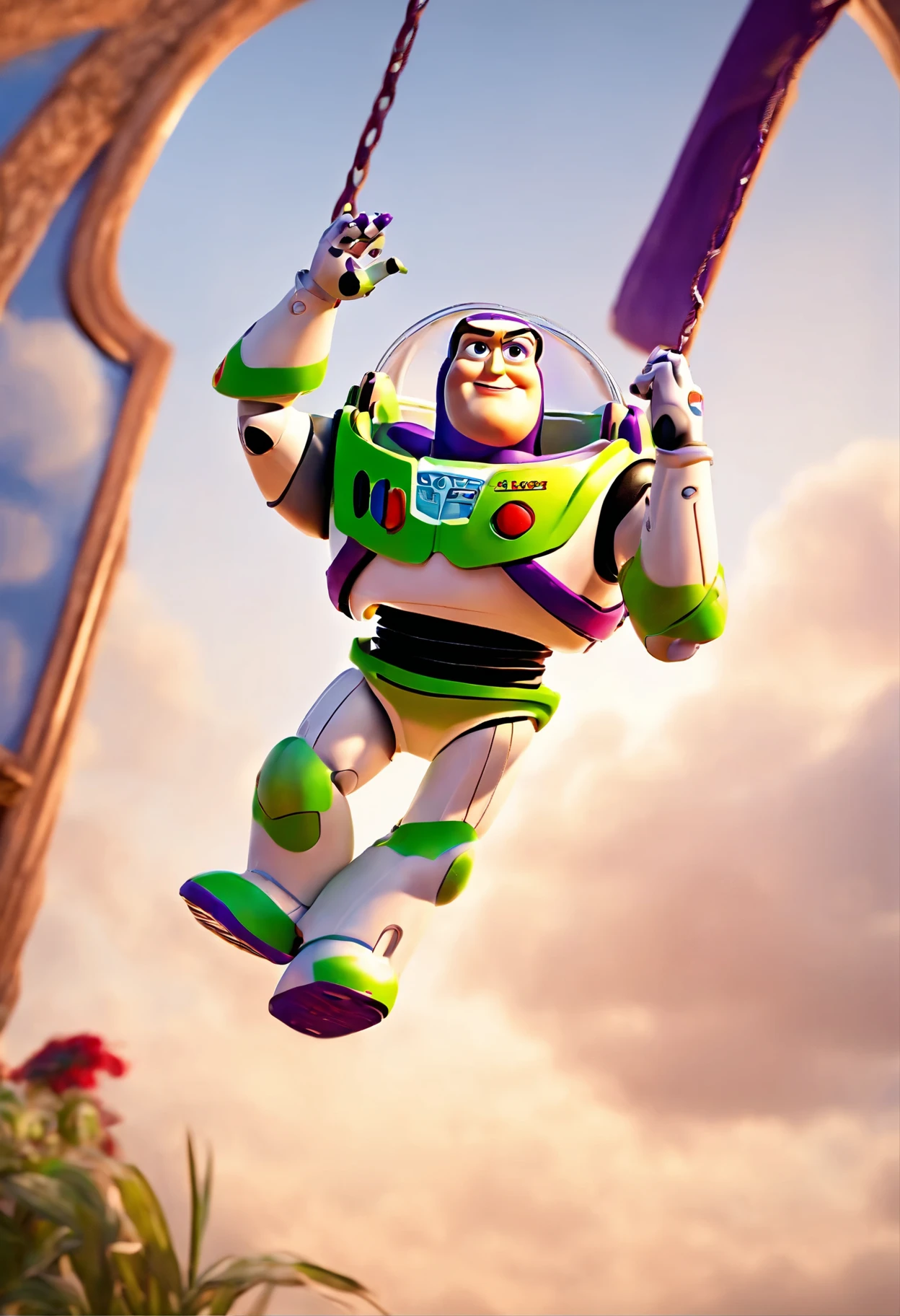 a Buzz Lightyear character, sitting on a swing, in the sky, low angle view, disney style, detailed digital painting, highly realistic, 8k, photorealistic, masterpiece, ultra-detailed, physically-based rendering, sharp focus, vivid colors, warm lighting
