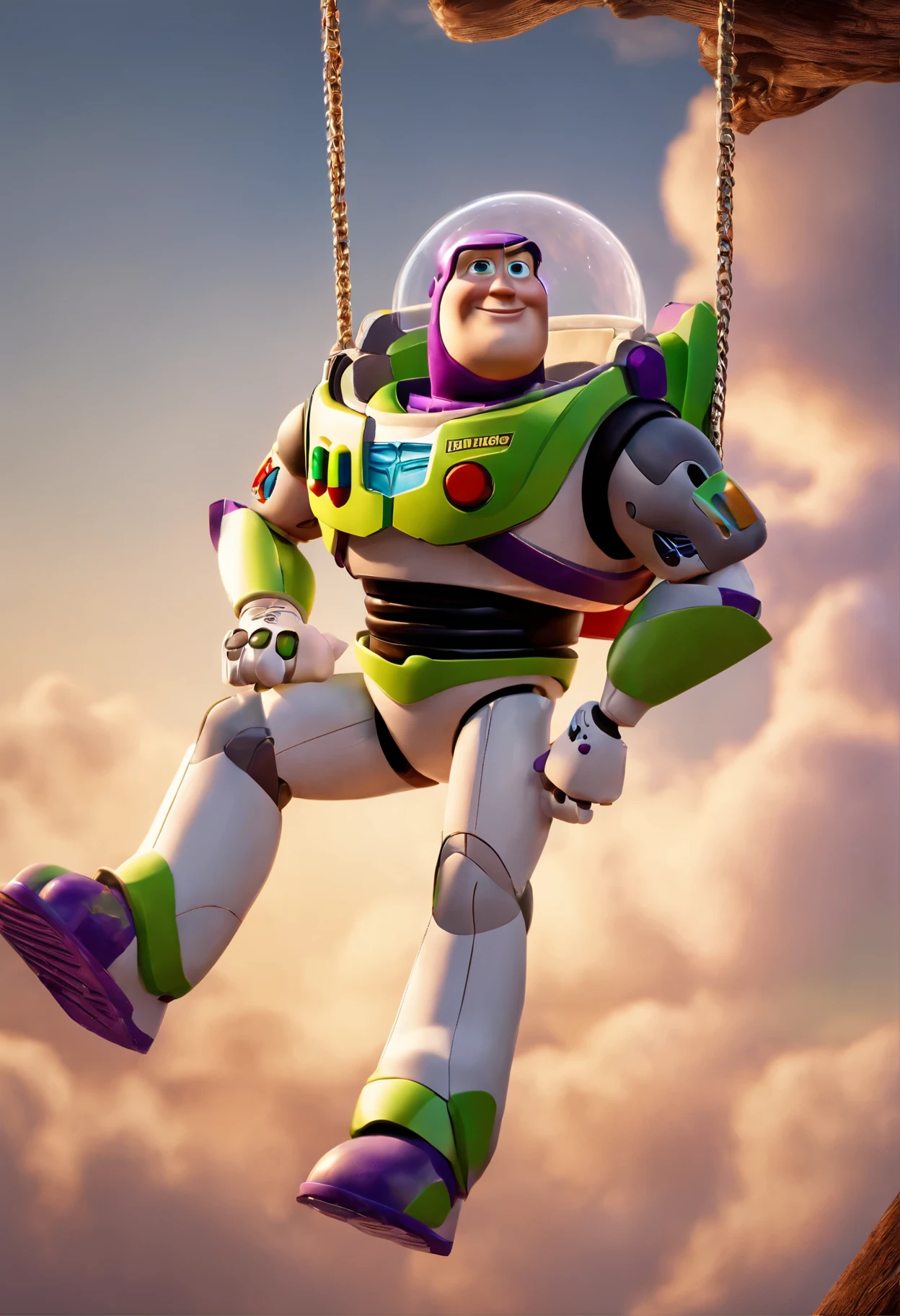 a Buzz Lightyear character, sitting on a swing, in the sky, low angle view, disney style, detailed digital painting, highly realistic, 8k, photorealistic, masterpiece, ultra-detailed, physically-based rendering, sharp focus, vivid colors, warm lighting