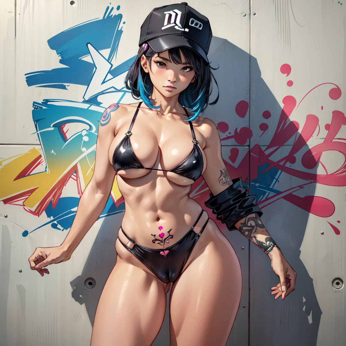 estilo anime, mujer grafitera, grafiti en la pared, desnuda contra la pared, gorra de lado, colores vivos, buena figura, buenas curvas, tatuajes maxima calidad, ultra detallado, 8K, cuerpo entero, cameltoe