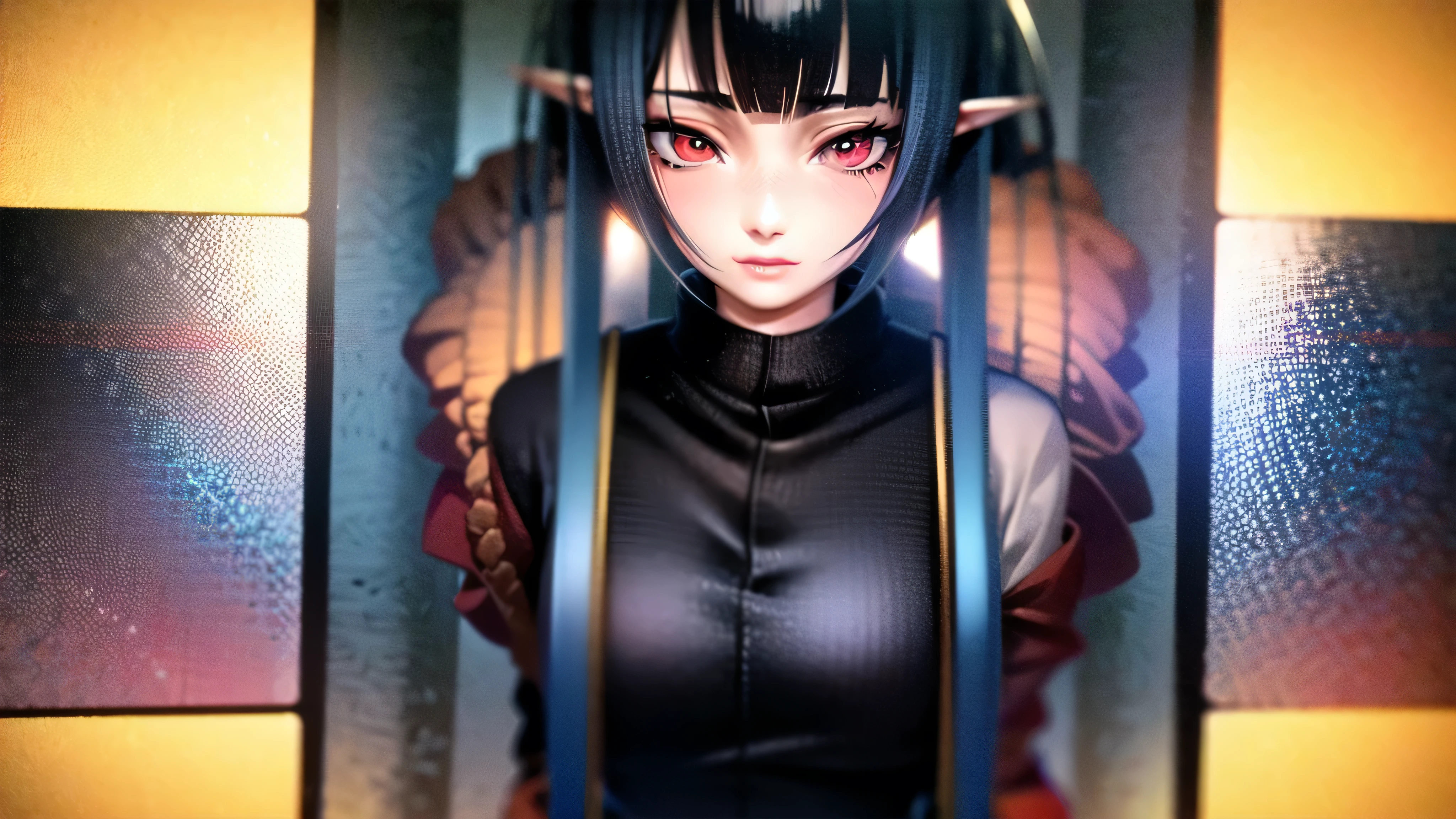 RAW, Realism, hyperrealism, ray tracing, high details, super detail, UHD, 8k, professional photograph, movie photograph, medium shot, Female elf, twenty years old, night, athletic body, soft facial features, long hair, straight hair, (((pacific cyan hair))), (((red eyes faded to yellow))), japanese female uniform, traditional japanese village