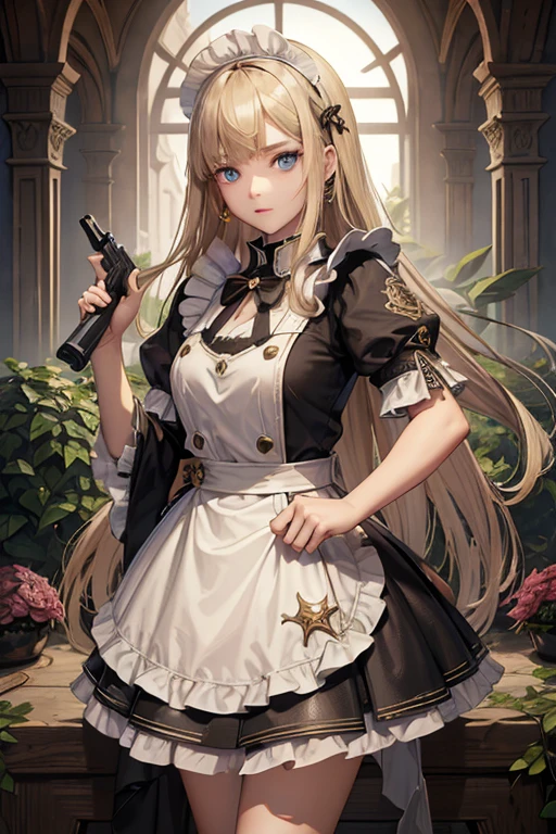(8k, highest quality, Tabletop:1.2)、Ultra-high resolution, , Perfect Fingers, Detailed face, blue eyes, blonde, Straight hair, Long Hair, Black maid outfit, Western-style building、garden、Pistol、Ready your Pistol