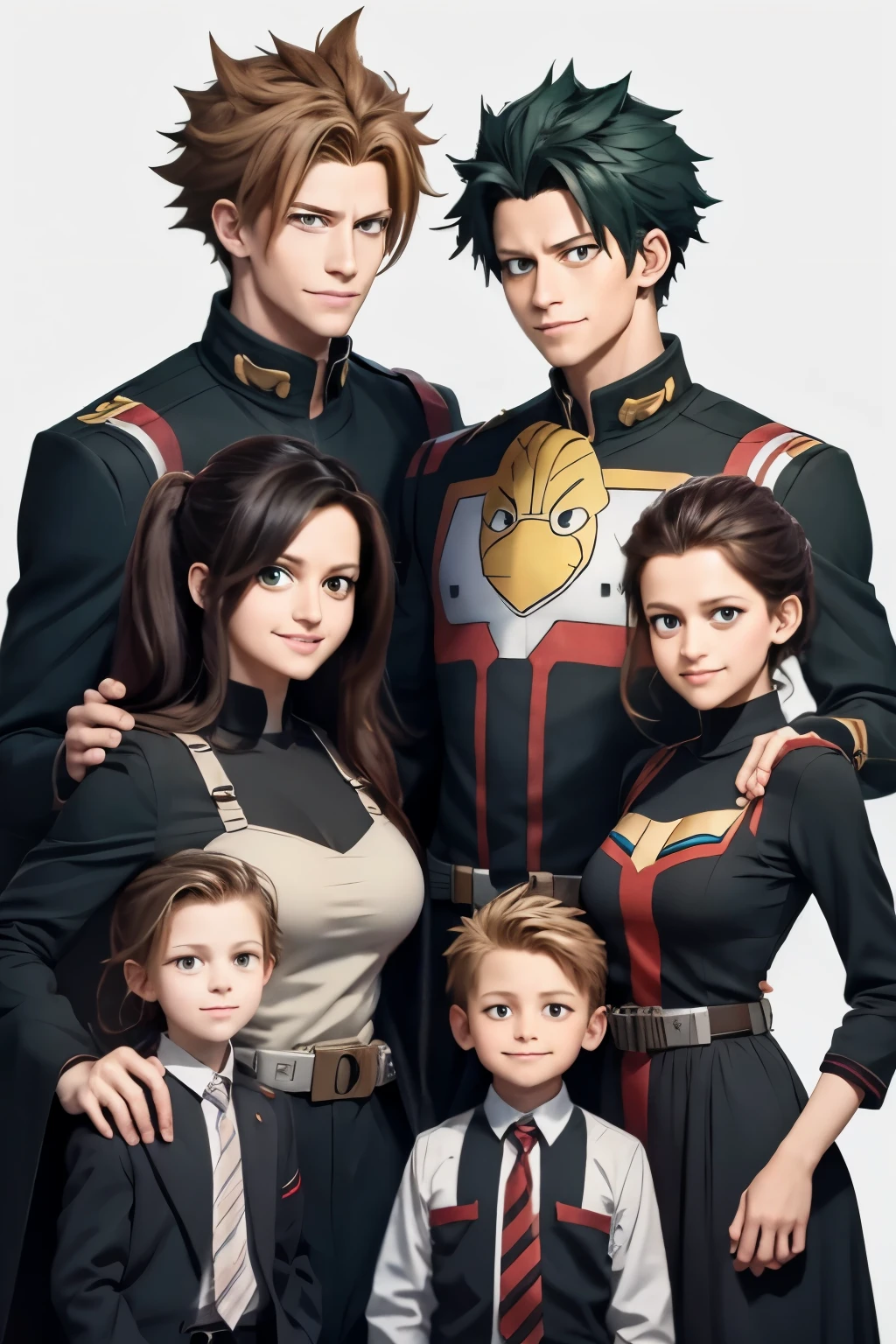 Family Photo, Tall, My Hero Academia art style. Dark Colors.