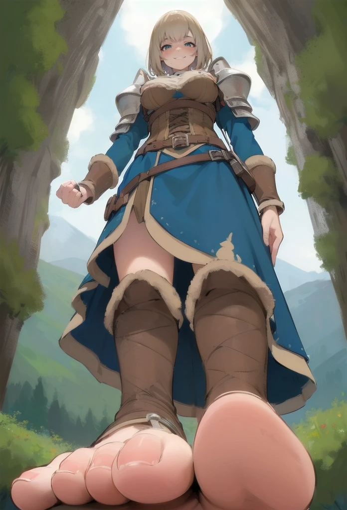 (tiny adventurers in mountains and hills in front of closeup breasts and face of a giantess: 1.5), (tiny adventurers in front of a closeup foot: 1.4), closeup breasts and face, (from below view: 1.2), (medium sized breasts) cleavage, (tan skinned short messy big light brown hair with bangs and light brown eyes: 1.1), (adventurer commoner clothing, gambeson or armor), hime cut, flowing hair, (medieval fantasy: 1.1), nipples, (fantasy outside: 1.1), (very low angle perspective: 1.2), (foot), barefoot, sitting, (tiny army from sky view: 1.1), (tiny army from sky view in front of closeup foot of a giantess: 1.1), (soles), (foot step: 1.1) (closeup foot: 1.5), (2girls: 1.5), (height difference: 1.6), (miniature woman: 1.5), (closeup miniature woman: 1.3), (forest: 1.1), (anorexic petite: 1.1), (zoomed out woman: 1.1)