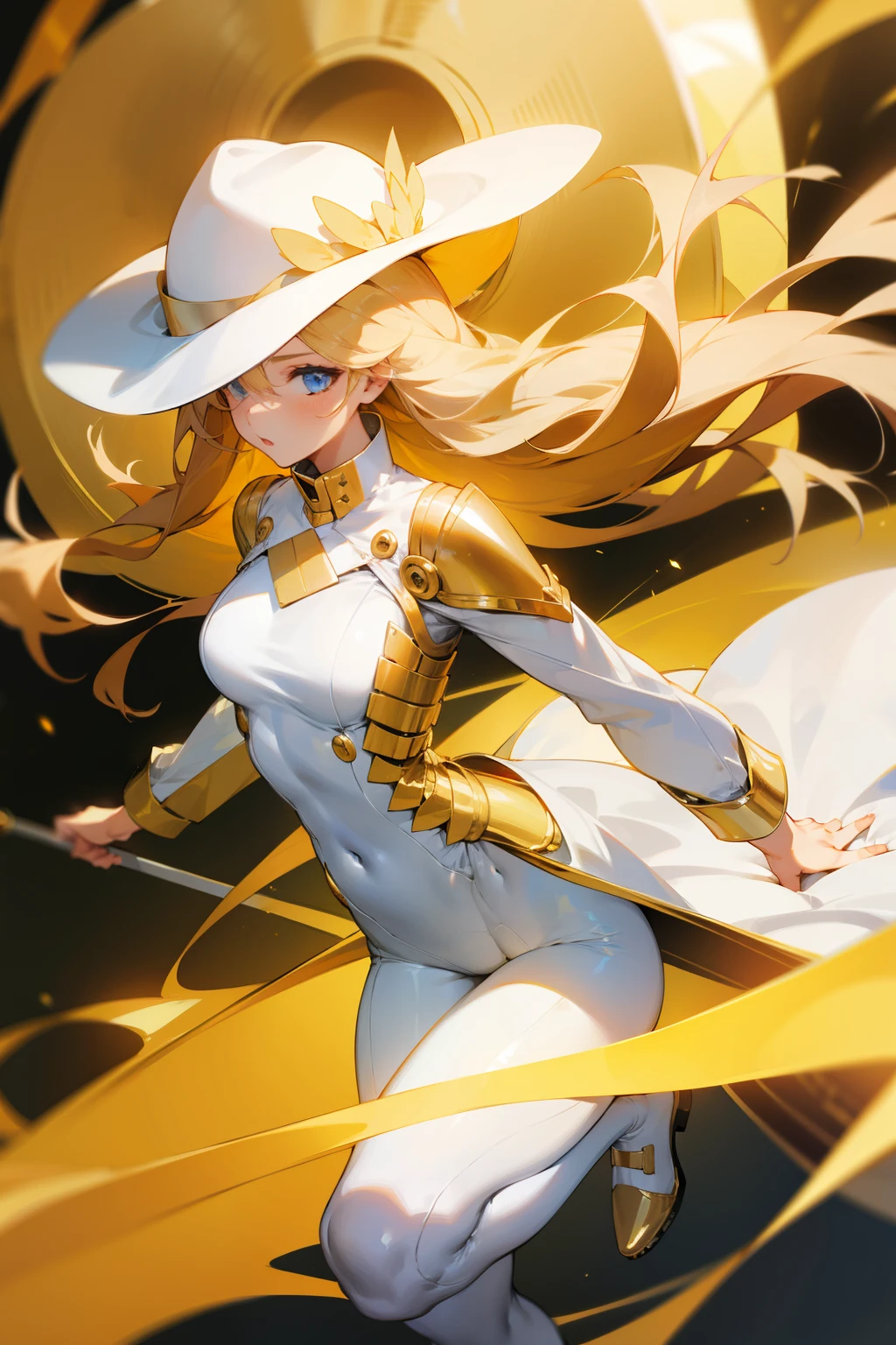 Girl, golden hat, tight white clothes