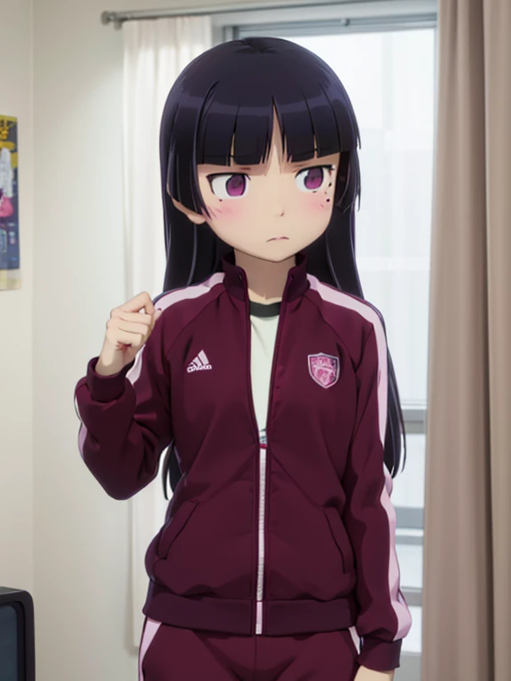 (ruri gokou), long hair, blush, black hair, 1girl, pants, mole, mole under eye, wine red track jacket, track suit, wine red track pants, pink shirt, unzip jacket, Private room, (laptop), (work), Bookshelf, indoor, daily, relax, concentrated, Natural light, Blackout curtains, desk, Simple room, personal space, casual, Calm atmosphere, Personal Life, family,