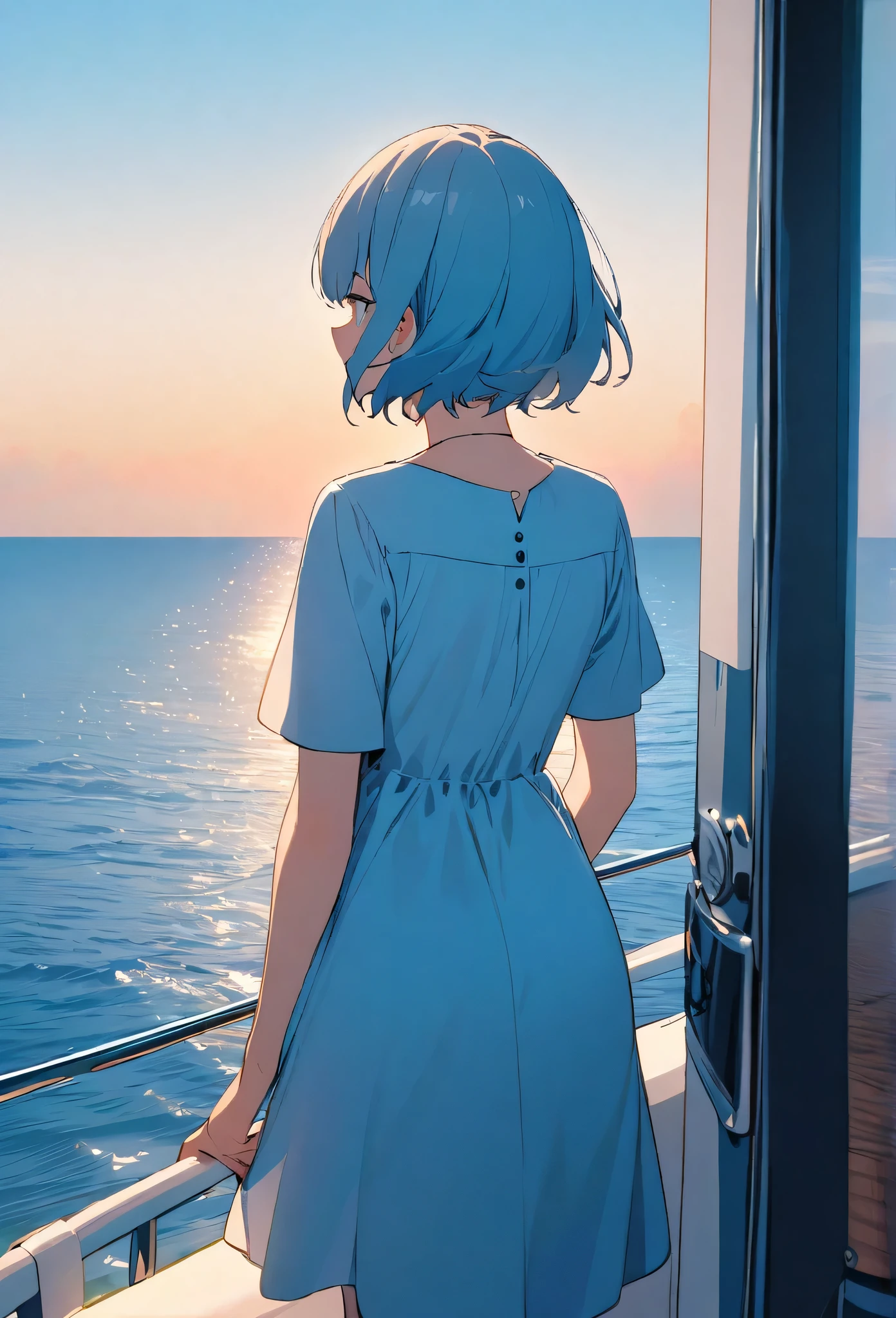 A girl wearing a pastel blue a-line dress is looking at a vast blue sea and sky while standing at a viewdeck of a yacht