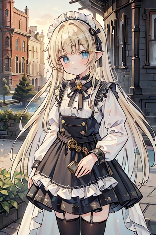 (8k, highest quality, Tabletop:1.2)、Ultra-high resolution, 14-year-old girl, Perfect Fingers, Detailed face, blue eyes, blonde, Straight hair, Long Hair, Black maid outfit, Western-style building、garden、Pistol、Ready your Pistol