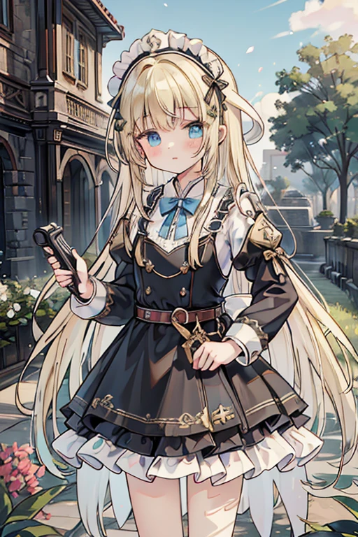 (8k, highest quality, Tabletop:1.2)、Ultra-high resolution, , Perfect Fingers, Detailed face, blue eyes, blonde, Straight hair, Long Hair, Black maid outfit, Western-style building、garden、Pistol、Ready your Pistol