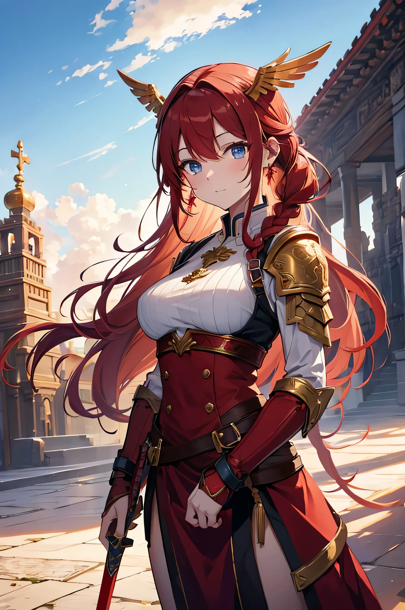 4k,High resolution,One Woman,Red Hair,Long Ponytail,Braid,Blue Eyes,Big Breasts,Valkyrie,Red sacred armor,Winged headgear,Gold decoration,Jewelry decoration,Great Holy Sword,Temple in the Sky