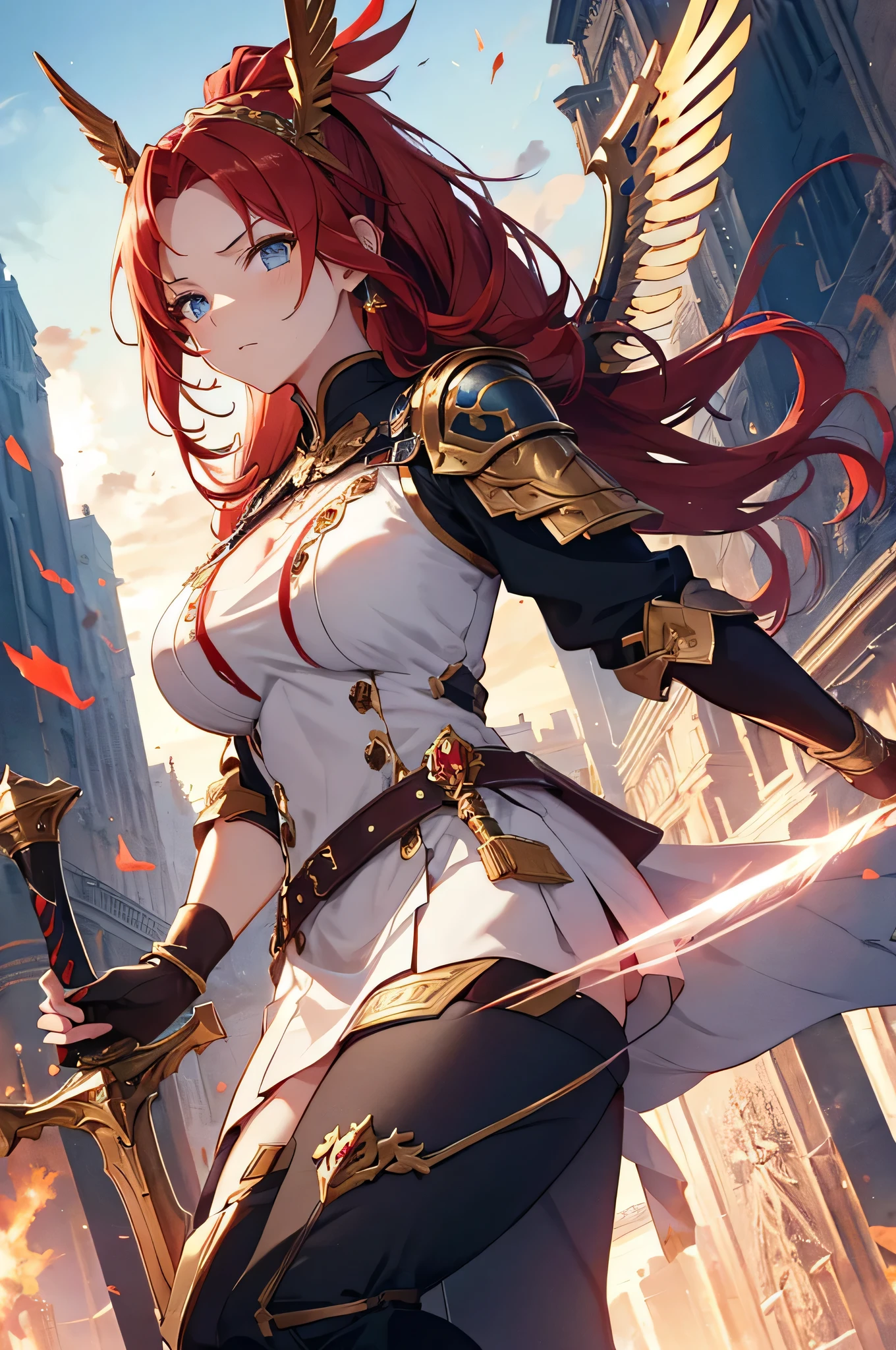 4k,High resolution,One Woman,Red Hair,Long Ponytail,Braid,Blue Eyes,Big Breasts,Valkyrie,Red sacred armor,Winged headgear,Gold decoration,Jewelry decoration,Great Holy Sword,Temple in the Sky