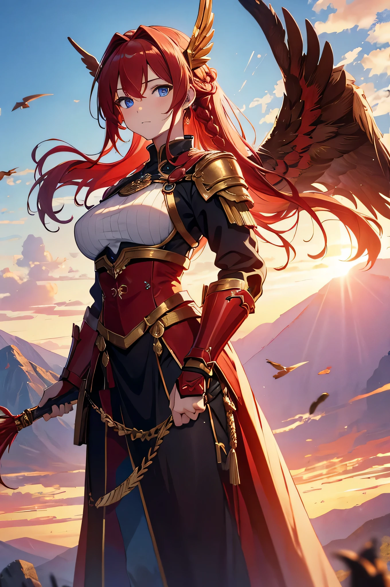 4k,High resolution,One Woman,Red Hair,Long Ponytail,Braid,Blue Eyes,Big Breasts,Valkyrie,Red sacred armor,Winged headgear,Gold decoration,Jewelry decoration,Great Holy Sword,Temple in the Sky