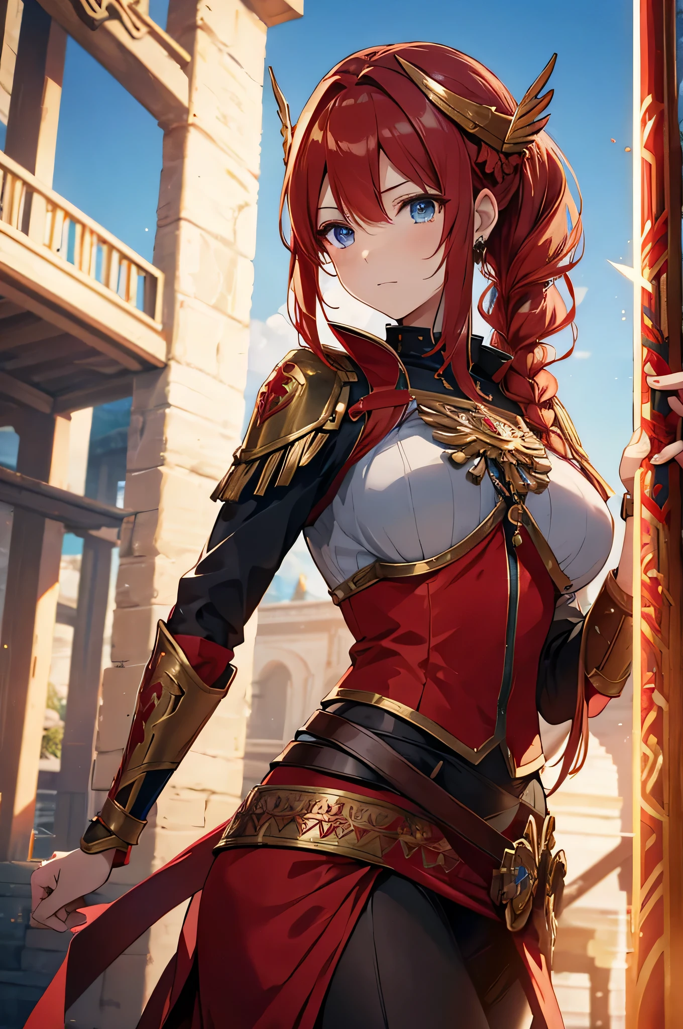 4k,High resolution,One Woman,Red Hair,Long Ponytail,Braid,Blue Eyes,,Valkyrie,Red sacred armor,Winged headgear,Gold decoration,Jewelry decoration,Great Holy Sword,Temple in the Sky